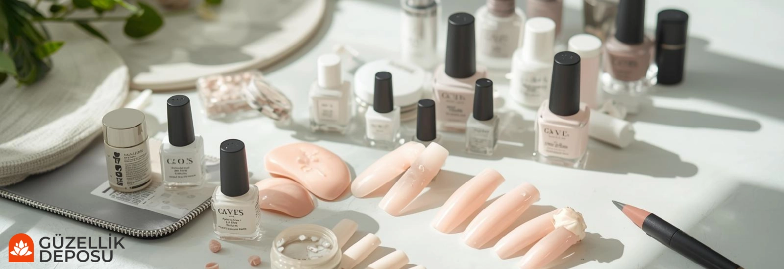 protez tırnak ürünleri ve uygulama ekipmanlarının masa üzerindeki görünümü