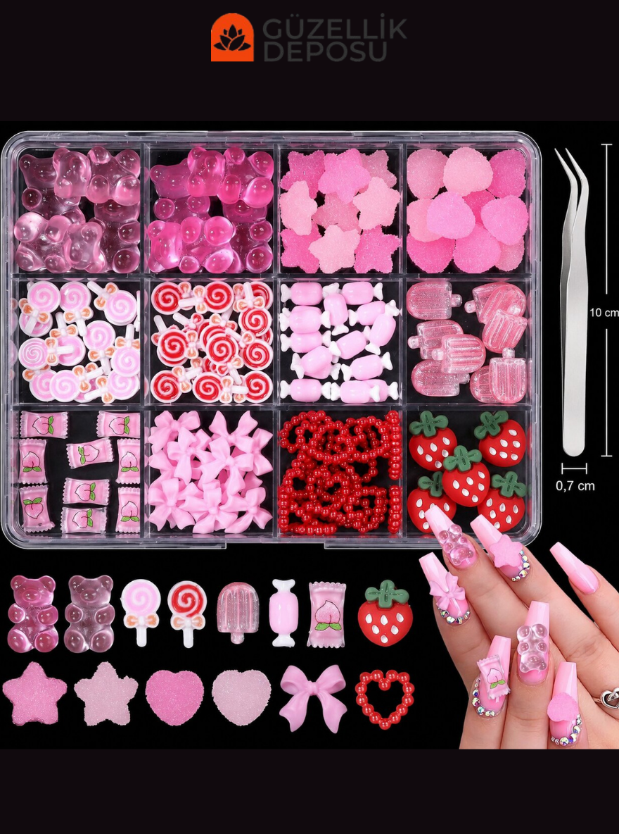 Pembe Ayıcık, Lolipop, Dondurma & Çilek Figürlü Protez Tırnak Charm Seti (Cımbız Dahil) - MİS3784