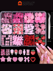 Pembe Ayıcık, Lolipop, Dondurma & Çilek Figürlü Protez Tırnak Charm Seti (Cımbız Dahil) - MİS3784