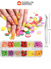 12 Bölmeli Kutulu Polimer Kil Çilek, Kivi, Karpuz & Limon Dilimli Nail Art Seti - MİS3785