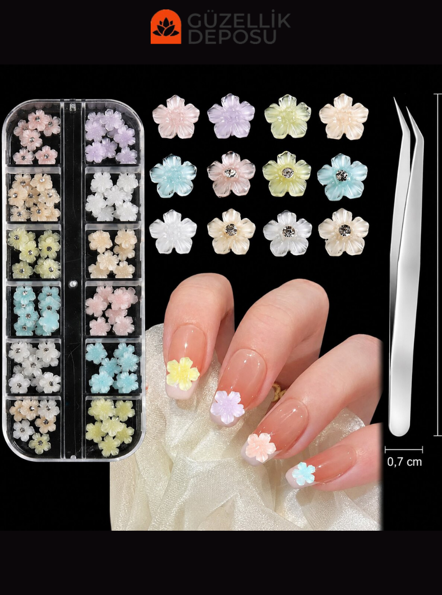 Pastel Renkli Taşlı Çiçek Figürlü Protez Tırnak Charm Seti (Cımbız Dahil) - MİS3788