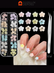 Pastel Renkli Taşlı Çiçek Figürlü Protez Tırnak Charm Seti (Cımbız Dahil) - MİS3788