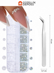 12 Bölmeli Kutulu Farklı Boyutlarda Düz Tabanlı İnci & Zirkon Tırnak Taşı Nail Art Seti - MİS3790