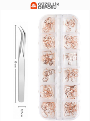 Rose Gold Metalik Geometrik Kalp, Kare, Üçgen & Halka Çerçeve Protez Tırnak Süsleme Seti (Cımbız Dahil) - MİS3798