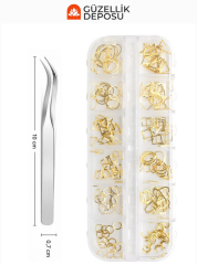 Gold Metalik Geometrik Kalp, Kare, Üçgen, Hilal & Halka Çerçeve Protez Tırnak Süsleme Seti (Cımbız Dahil) - MİS3799
