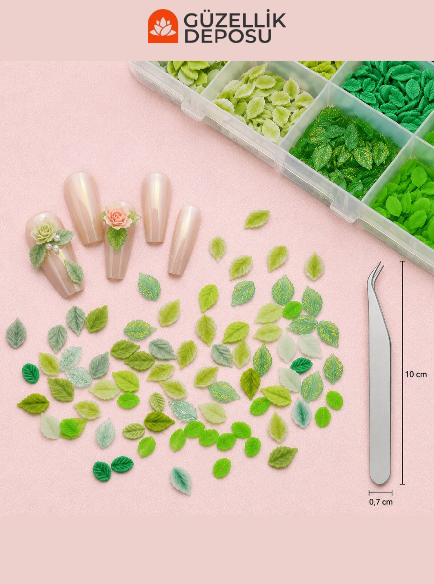 12 Bölmeli Kutulu Farklı Tonlarda Yeşil Bitki & Gül Yaprağı Tasarımlı Nail Art Charm Seti - MİS3807