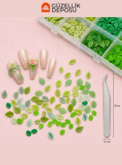 12 Bölmeli Kutulu Farklı Tonlarda Yeşil Bitki & Gül Yaprağı Tasarımlı Nail Art Charm Seti - MİS3807