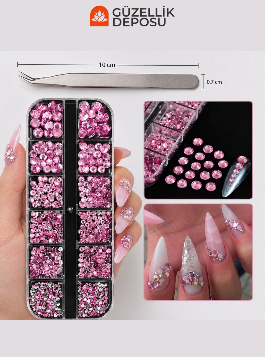 12 Bölmeli Kutulu Farklı Boyutlarda Düz Tabanlı Pembe Zirkon Tırnak Taşı Nail Art Seti - MİS3809