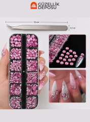 12 Bölmeli Kutulu Farklı Boyutlarda Düz Tabanlı Pembe Zirkon Tırnak Taşı Nail Art Seti - MİS3809