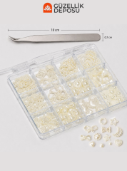 Krem İnci Fiyonk, Kalp, Hilal, Yıldız & Halka Figürlü Protez Tırnak Charm Seti (Cımbız Dahil) - MİS3815