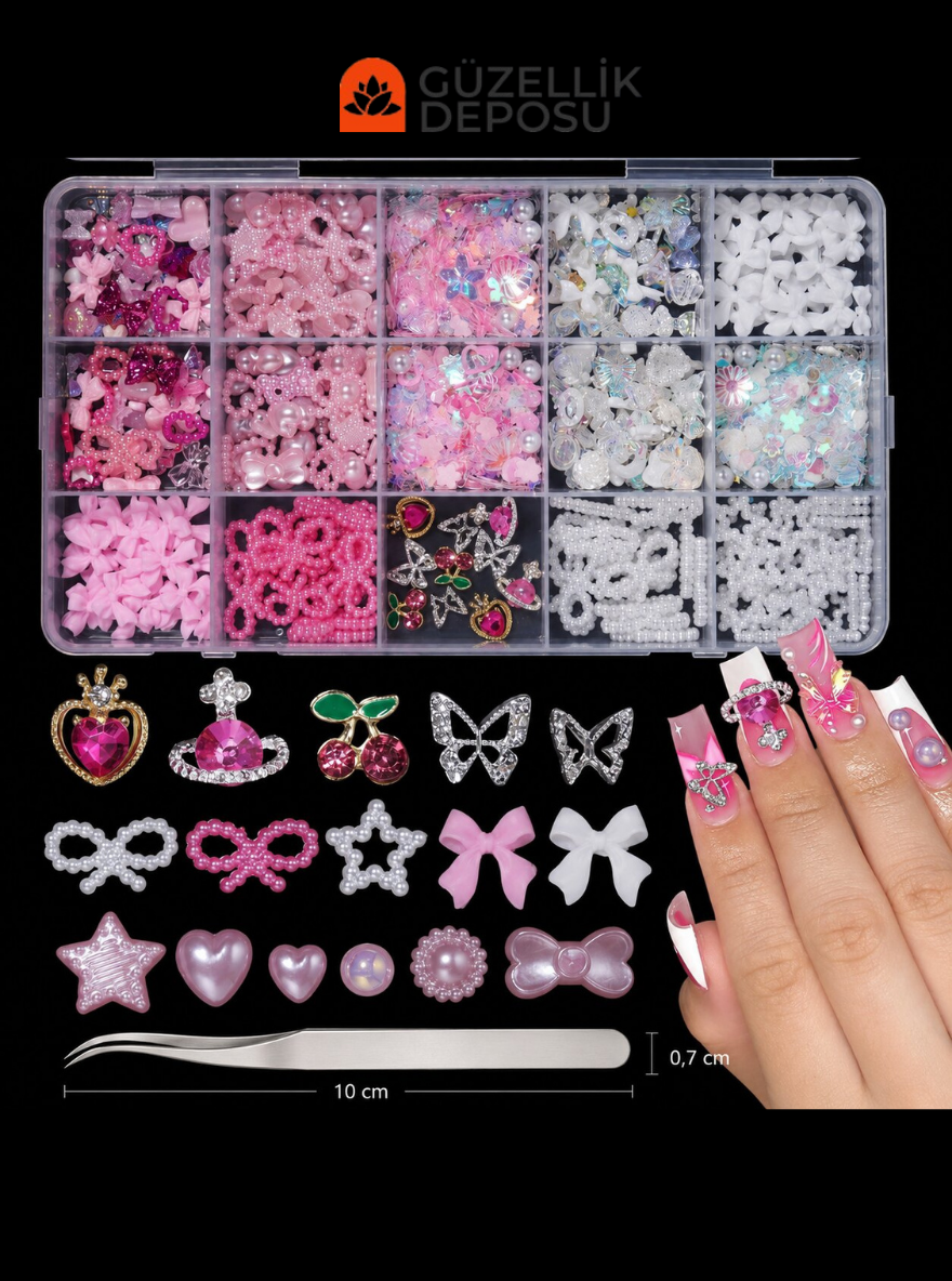 Karışık Renk & Model Fiyonk, Taşlı Kalp, Kiraz, Kelebek Protez Tırnak Charm Seti (Cımbız Dahil) - MİS3821