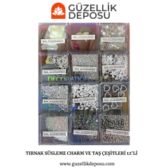 Tırnak Süsleme Charm ve Taş Çeşitleri 12'li Beyaz