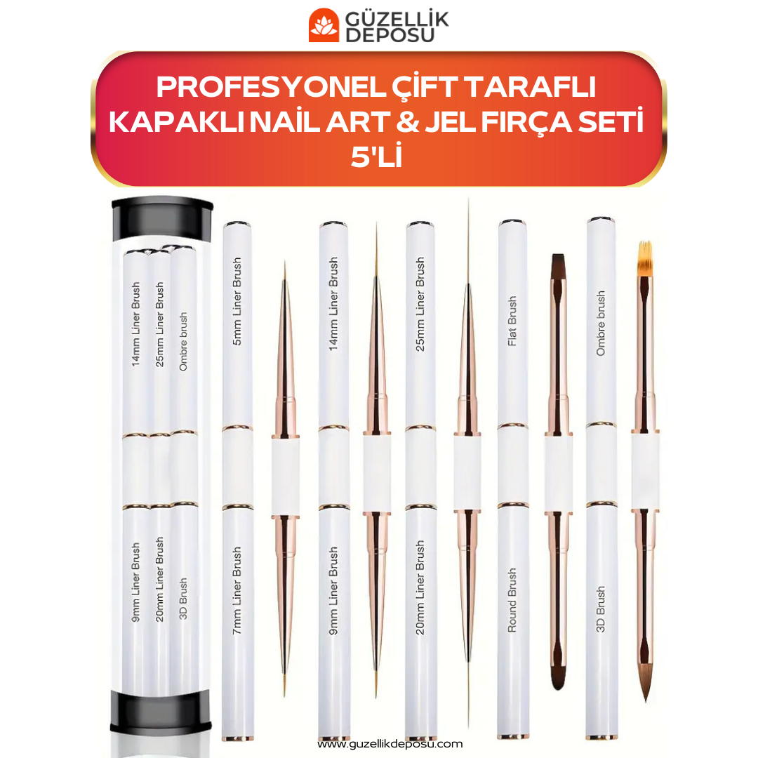 Profesyonel Kapaklı Nail Art Çizim Jel Fırça Seti 5'li