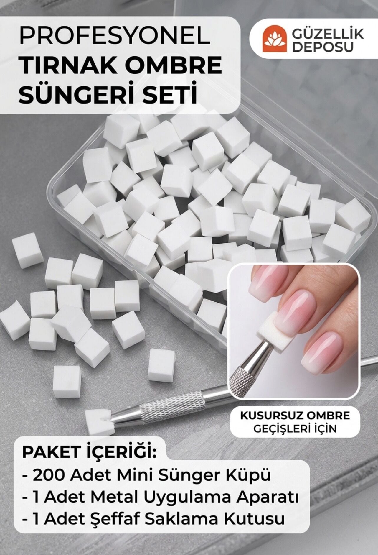 200 Adet Yedekli Metal Tutucu Protez Tırnak Ombre Süngeri