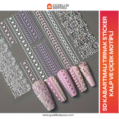 5D Kabartmalı Tırnak Sticker Kalp Çiçek Desenli