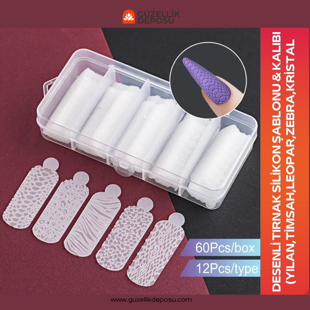 60 Adet Silikon Tırnak Kalıbı / Şablonu (Yılan Desen, Timsah Desen, Leopar Desen,Kristal Desen)