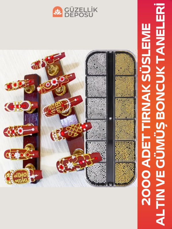 2000 Adet Nail Art Tırnak Süsleme Boncuk Gold ve Gümüş Renk