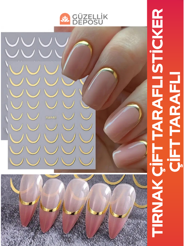Çift Taraflı Gold ve Gümüş Tırnak Sticker, Ombre Sticker, Şerit