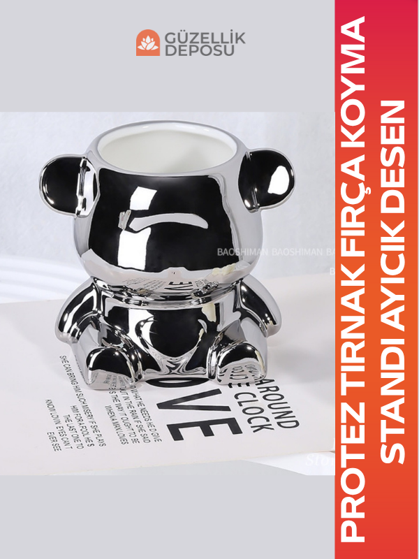 Protez Tırnak Fırça Koyma Standı Ayıcık Desen (Gri)
