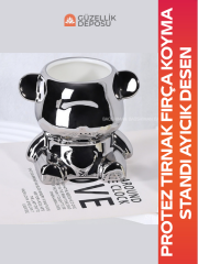 Protez Tırnak Fırça Koyma Standı Ayıcık Desen (Gri)