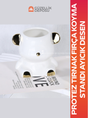 Protez Tırnak Fırça Koyma Standı Ayıcık Desen (Beyaz)