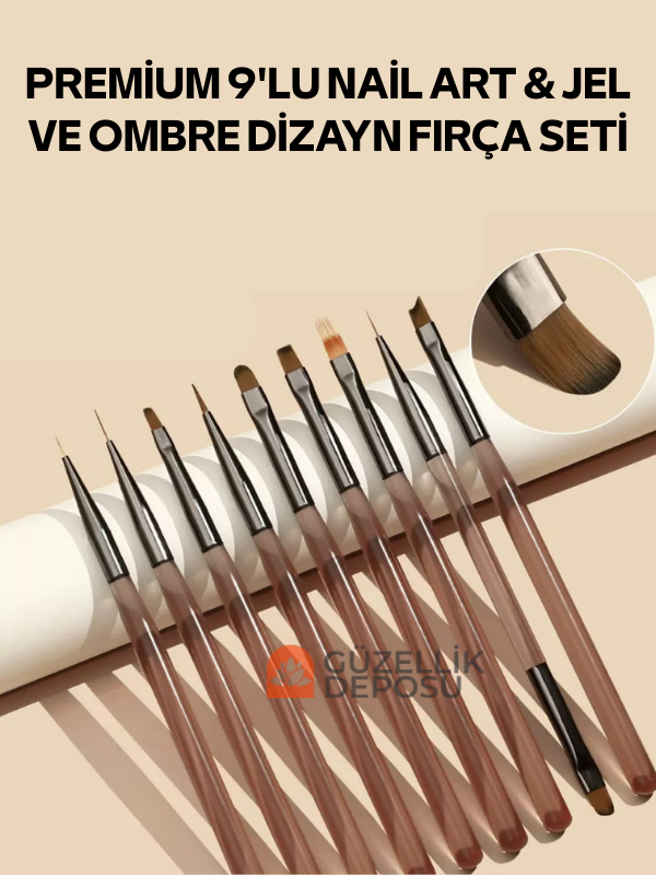 Premium 9'lu Nail Art & Jel Ombre Dizayn Fırça Seti