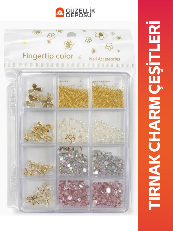 Karışık Nail Art Seti - Gold Fiyonk, İnci ve Hologram Taşlı Tırnak Süsleme Paketi