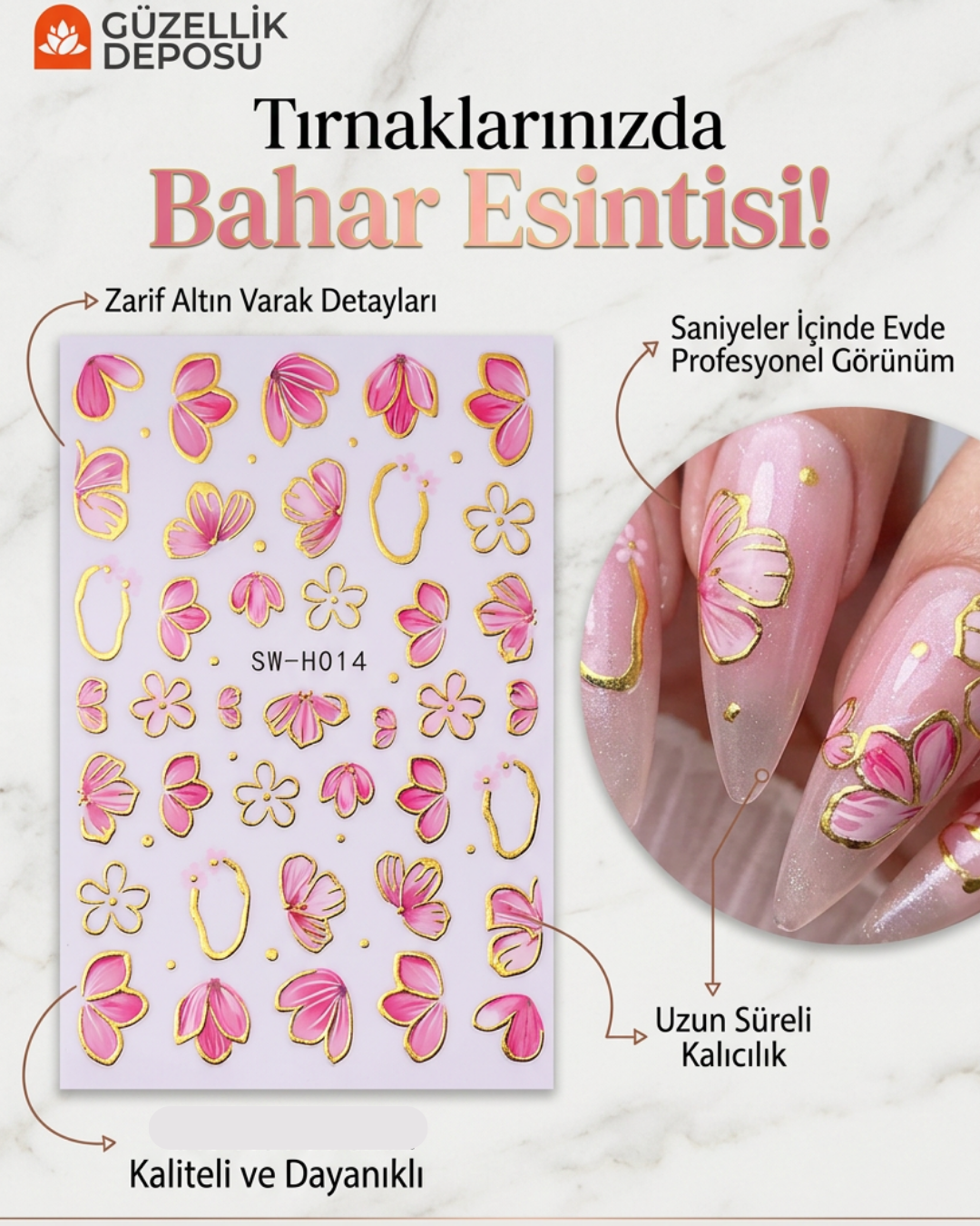 Pembe Çiçekli Ve Altın Varaklı Nail Art Tırnak Stickerı