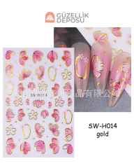 Pembe Çiçekli Ve Altın Varaklı Nail Art Tırnak Stickerı