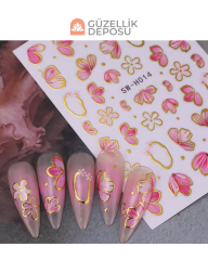 Pembe Çiçekli Ve Altın Varaklı Nail Art Tırnak Stickerı