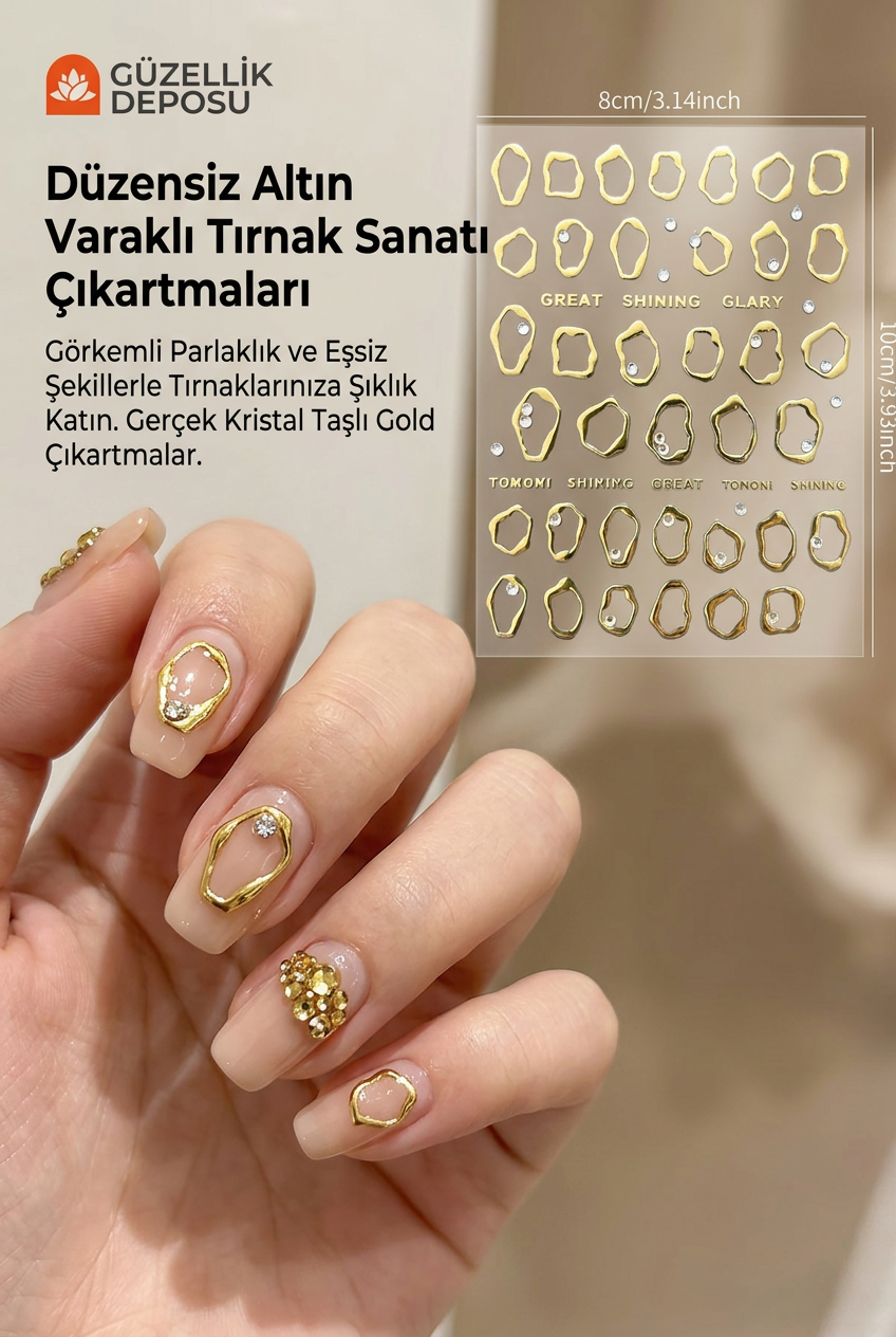 Kristal Taşlı Gold Varak Tırnak Sticker - Düzensiz Altın Çerçeve Nail Art