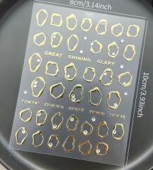 Kristal Taşlı Gold Varak Tırnak Sticker - Düzensiz Altın Çerçeve Nail Art