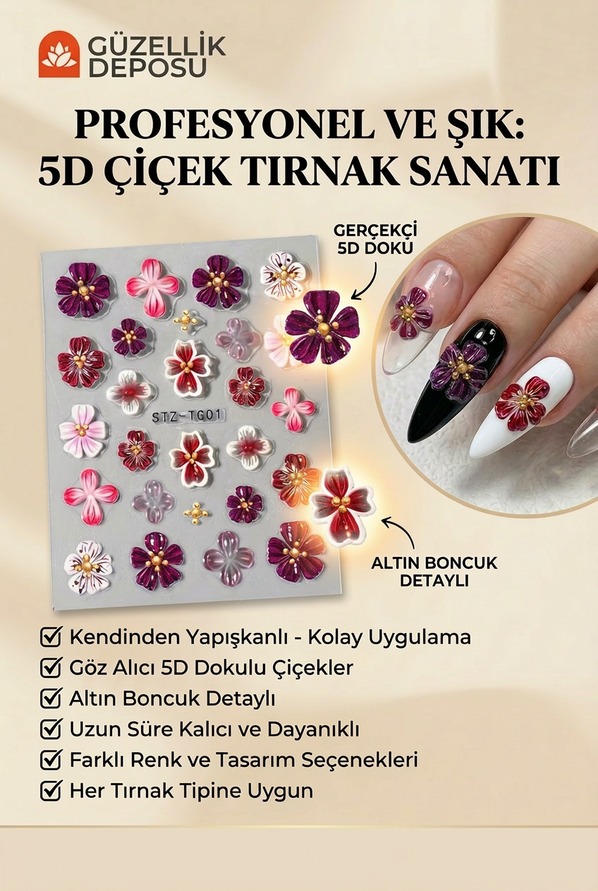 5D Kabartmalı Çiçek Tırnak Sticker - Altın Boncuk Detaylı Nail Art