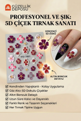 5D Kabartmalı Çiçek Tırnak Sticker - Altın Boncuk Detaylı Nail Art