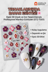 5D Kabartmalı Çiçek Tırnak Sticker - Altın Boncuk Detaylı Nail Art