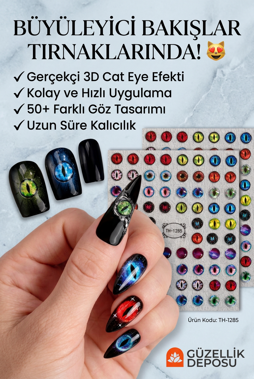 3D Kedi Gözü Tırnak Sticker Seti - Mistik Cat Eye Nail Art Çıkartma Kedigözü