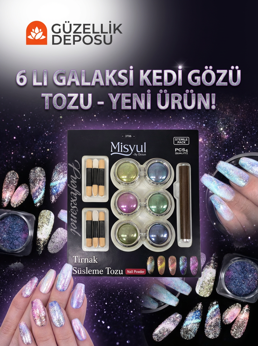 6'lı Galaksi Kedi Gözü (Cat Eye) Tozu Seti - Manyetik Nail Art Süsleme Kiti Kedigözü