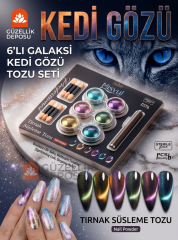 6'lı Galaksi Kedi Gözü Tozu Seti - Mıknatıs Hediyeli Manyetik Nail Art Tırnak Süsleme Tozu Kedigözü