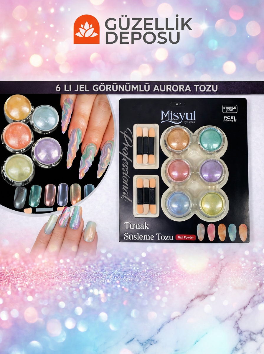 6'lı Jel Görünümlü Aurora Tozu Seti - Islak Görünümlü Sedefli Nail Art Tırnak Süsleme Tozu