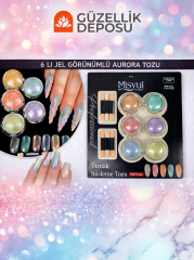 6'lı Jel Görünümlü Aurora Tozu Seti - Islak Görünümlü Sedefli Nail Art Tırnak Süsleme Tozu