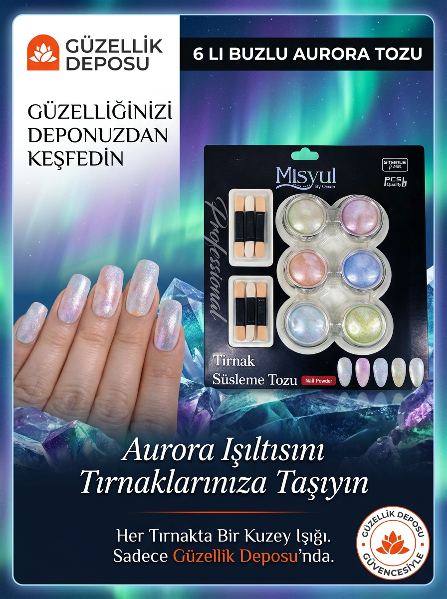 6’lı Buzlu Aurora Tozu Seti - Kuzey Işıkları Efektli Kristal Nail Art Tırnak Süsleme Tozu