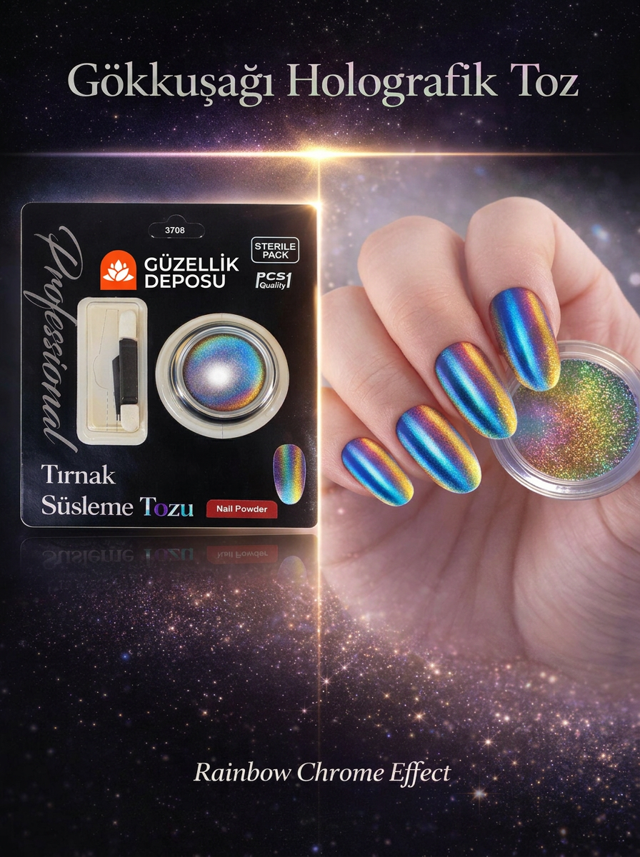 Gökkuşağı / Unicorn Holografik Toz - Rainbow Chrome Effect 7 Renk Yansımalı Nail Art Tırnak Süsleme Tozu
