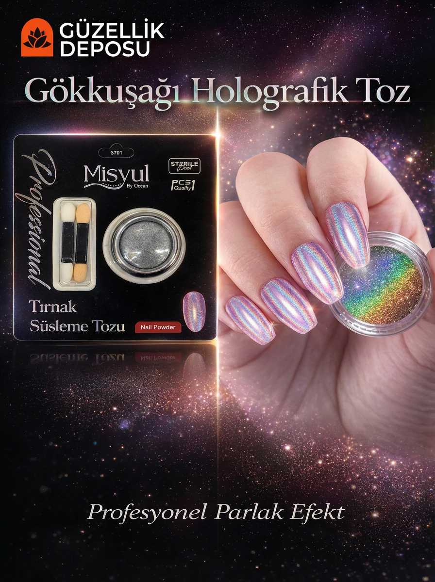 Profesyonel Gökkuşağı / Unicorn  Holografik Tırnak Tozu - Kalıcı Oje Üstü Parlak Efektli Nail Art Tozu