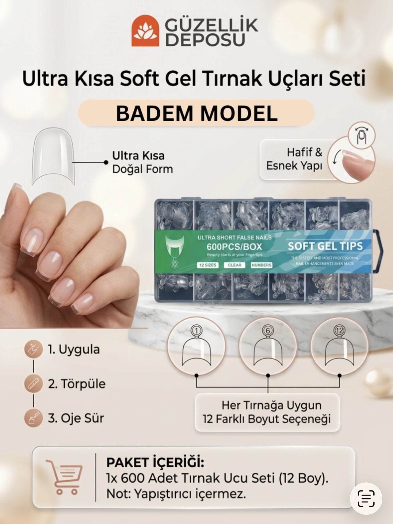 Soft Jel Tips Ultra Short - Kısa Badem French Uyumlu 600'lü Set