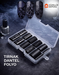 10'lu Siyah Dantel Desenli Tırnak Transfer Folyosu Seti - Nail Art Süsleme Folyo Serisi