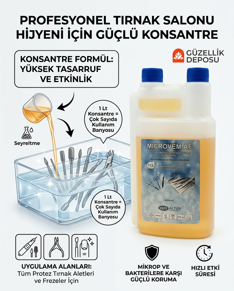 Microvem AF Konsantre Protez Tırnak Ve Manikür Aletleri Dezenfektanı 1 Lt (Sağlık Bakanlığı Onaylı)