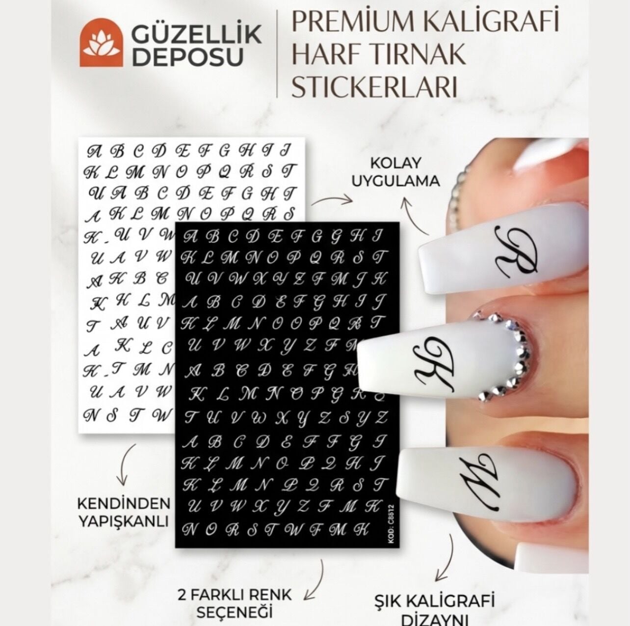 Protez Tırnak Nail Art Harf Sticker Beyaz, Gri, Gold