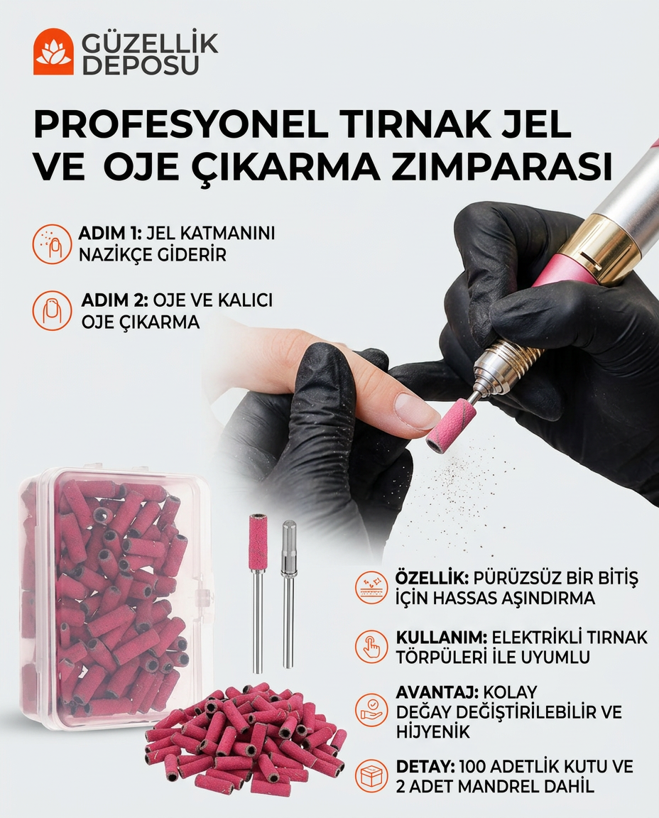 Profesyonel Protez Tırnak Kalıcı Oje Ve Jel Çıkarıcı Törpü 100 Adet Zımpara Bandı Seti (Metal Mandrel Dahil)