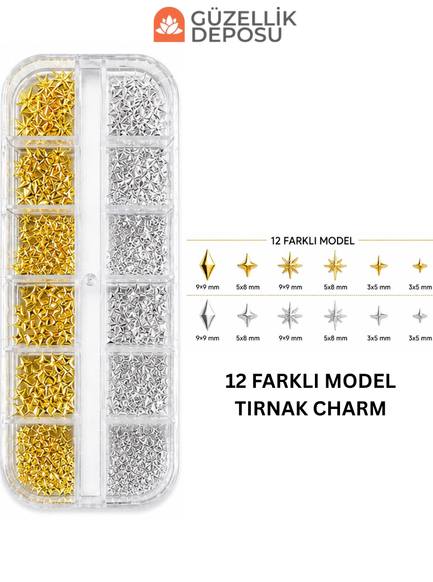 12 Bölmeli Tırnak Süsleme Seti - Gold & Gümüş Yıldız Tırnak Charm / Nail Art Aksesuarı