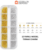 12 Bölmeli Tırnak Süsleme Seti - Gold & Gümüş Yıldız Tırnak Charm / Nail Art Aksesuarı